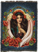 Tapestry blanket showing a white winged, brown-haired angel surrounded by red poppy flowers on a blue background. Art by Brigid Ashwood