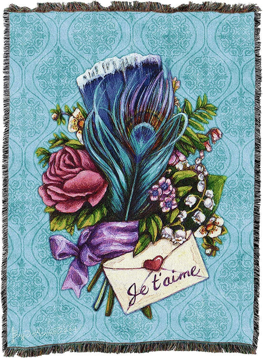 Tapestry blnaket with a blue background and a bouquet of feathers and flowers, with a letter that reads "Je t'aime", sealed with a heart