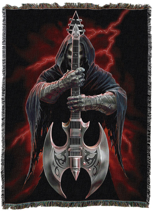 Tapestry blanket showing a grim reaper skeleton holding a guitar battle axe in front of red lightning
