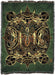 Tapestry blanket in shades of green, gold, tan and brown featuring Celtic knot designs interwoven with wolves, with a wolf face at the center