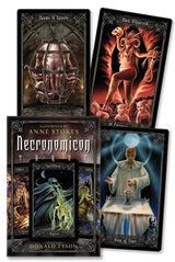 Necronomicon Tarot by Donald Tyson with artwork by Anne Stokes, showing three of the Lovecraft themed card and the box art