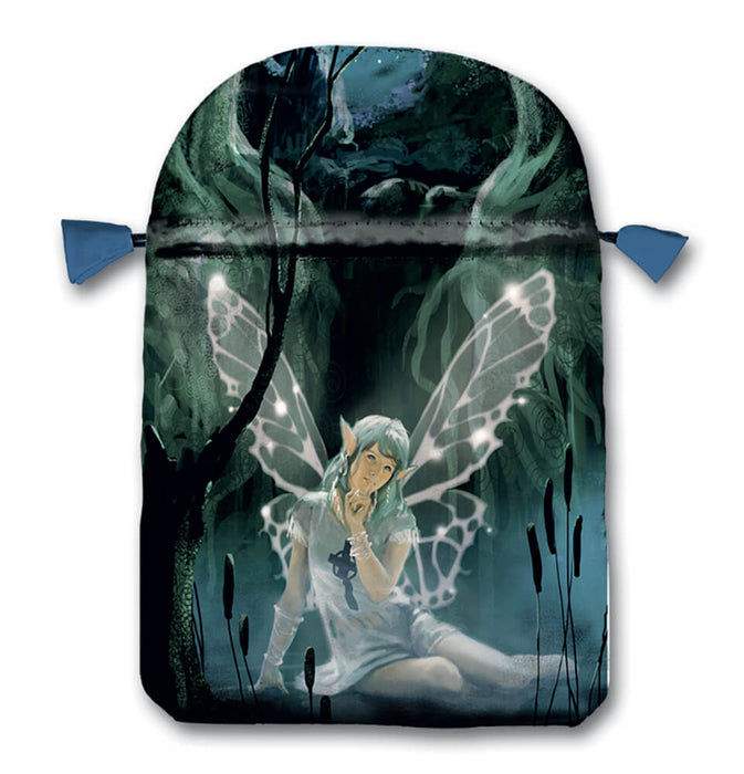 Small drawstring bag for Tarot Cards, Dice, or other gifts. A fairy sits in a pond with cattails. Her finger to her lips. She has green hair and shining transparent butterfly wings and a Celtic Cross on her tunic.