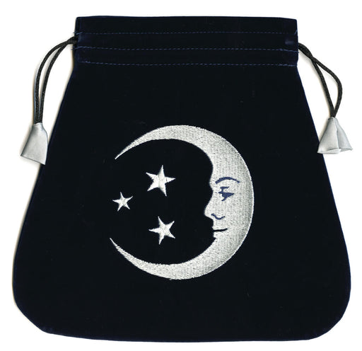 Black satin bag with an embroidered silver moon and stars