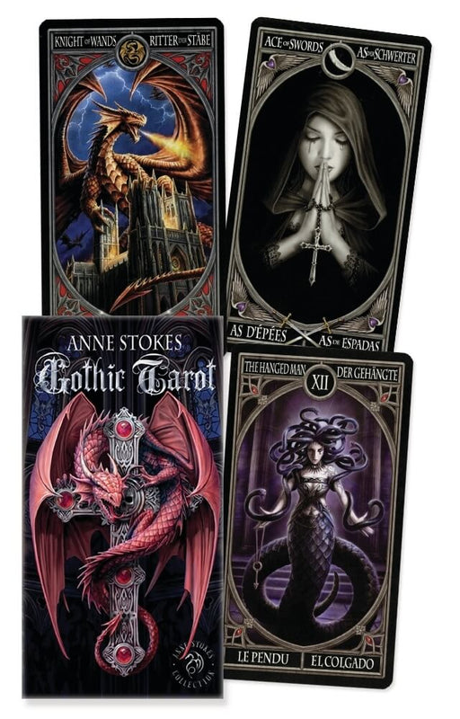 Anne Stokes Gothic Tarot deck. Box cover showing red dragon on cross and logo, and three card examples - with a golden dragon, a praying lady, and Medusa.