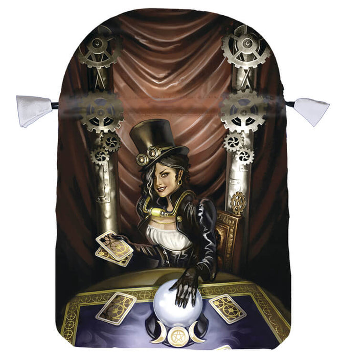 On this bag, a Steampunk fortune teller wears a top had with goggles, and holds tarot cards in one hand, her other resting on a crystal ball. In the background, gears and cogs frame the scene.