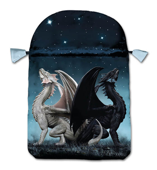 This bag features a striking pair of dragons. One is ivory white and the other ebony black. The stand back to back under a sky full of stars.