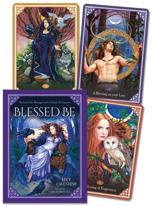 Blessed Be Oracle Card deck by Lucy Cavendish, art by Jane Starr Weils. Image shows the cover artwork with a card example, as well as three other card examples. All are forest fantasy themed.