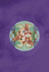 Card back design - purple background. Circle at the center surrounded by Celtic knotwork. In the middle are three birds and flowers