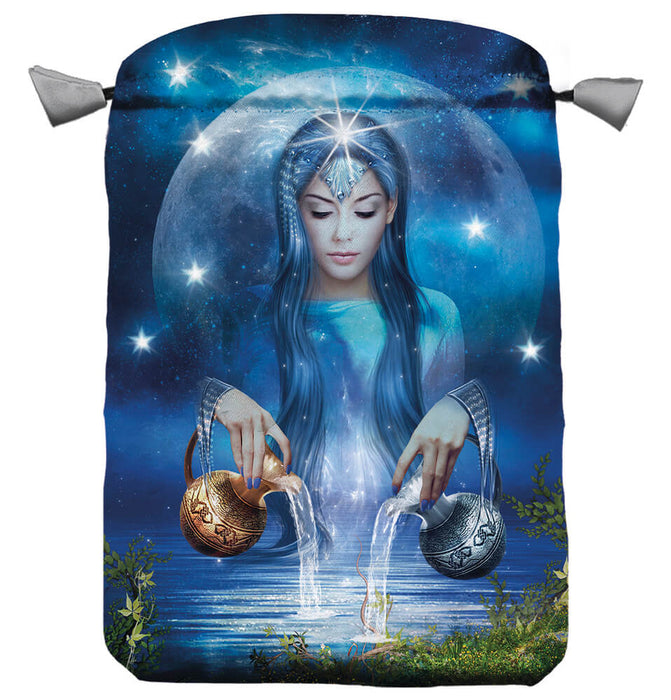 A tarot or dice bag featuring a zodiac theme with woman pouring water from gold and silver jugs