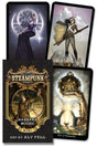 Mini Steampunk Tarot Deck by Aly Fell and Barbara Moore. Shows the cover box art, and three cards. Each card and the cover has steampunk themes.