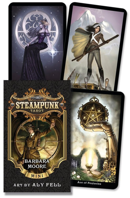 Mini Steampunk Tarot Deck by Aly Fell and Barbara Moore. Shows the cover box art, and three cards. Each card and the cover has steampunk themes.