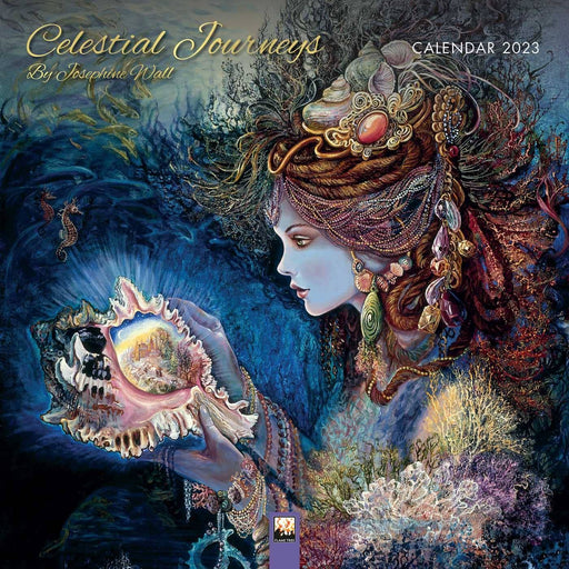 Celestial Journeys 2023 calendar by Josephine Wall, cover showing a sea goddess holding a shell containing a kingdom