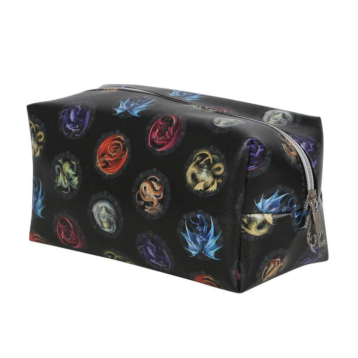 View of black makeup bag with dragons all over