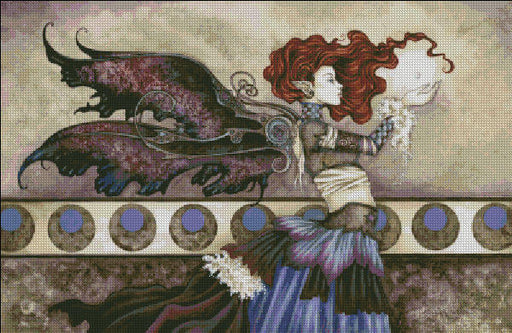 Completed image of A Singular Wish cross stitch pattern by Amy Brown, featuring a red headed fairy gazing at a glowing orb, clad in elaborate skirts