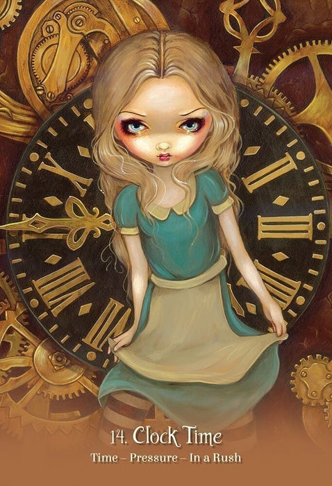 Card example: "14. Clock Time - Time - Pressure - In a Rush" showing Alice in front of a clock