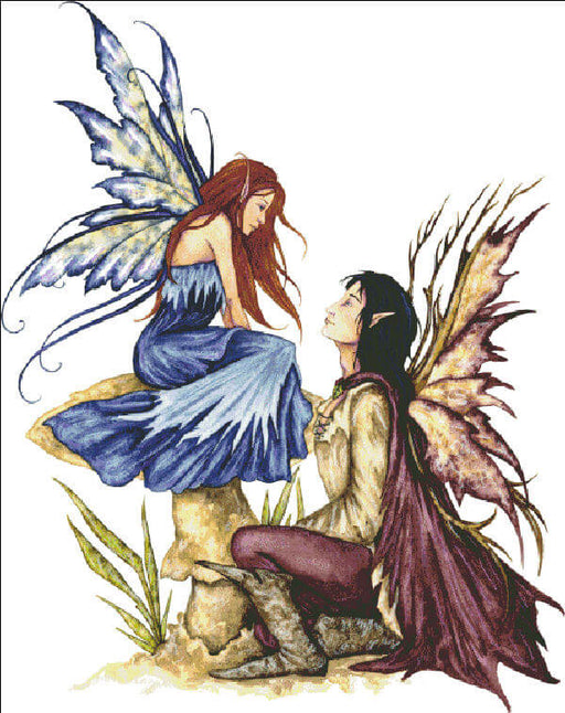 Always Fairies by Amy Brown. Finished cross stitch. Design is two fairies gazing into each other's eyes. Fairy lady wears a blue dress and has red-brown hair and blue and yellow wings. She sits on a mushroom. Kneeling in front of her is a black haired fairy prince with a maroon cape.