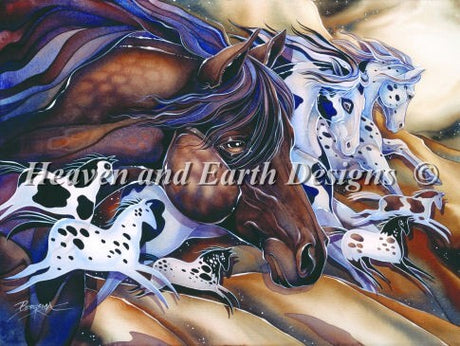 Some of the horses have the look of ancient cave drawings, contrasting with more realistic - but still gorgeously stylized - equines.  Art by Jody Bergsma