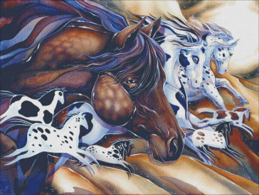 Some of the horses have the look of ancient cave drawings, contrasting with more realistic - but still gorgeously stylized - equines.  Cross Stitch Mockup, art by Jody Bergsma