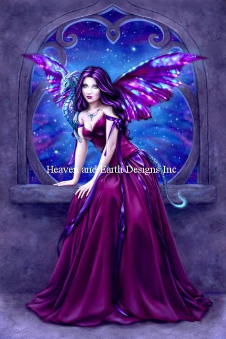 This lovely artwork by Rachel Anderson shows off a pixie in purple! The fairy has a rich deep grape colored dress, and violet and blue wings to match. She perches in front of a gothic archway looking out into the heavens. 