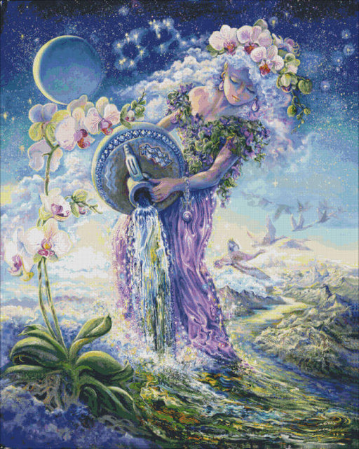 Aquarius pours water down onto the lands, bringing life and vibrancy. Orchids bloom and a flock of geese pass above the mountains as the beautiful woman shares her bounty with the world! Mockup of cross stitch artwork by Josephine Wall