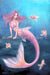 A beautiful mermaid by artist Rachel Anderson comes to life in this art! The siren has pink sclaes and hair, and is surrounded by fish friends in a sea of blue waters.