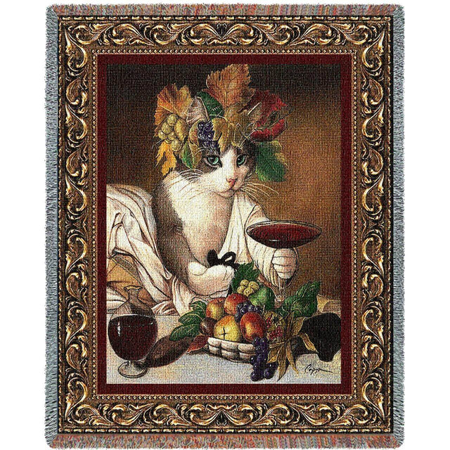 Tapestry blanket showing a cat adorned with grapes and leaves drinking red wine, with fruit in front of him - mimicking Bacchus, the Roman god of revelry. An ornate border surrounds the feline.