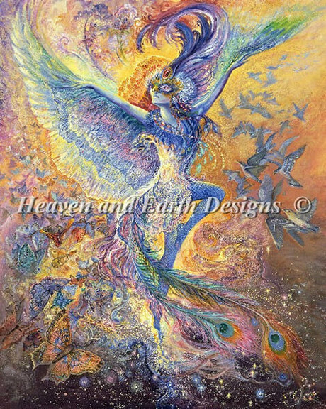  Josephine Wall's artwork. A bluebird fairy comes to life, wings spread and tail feathers fluttering. The work is a riot of color and movement, with birds and butterflies surrounding the pixie.