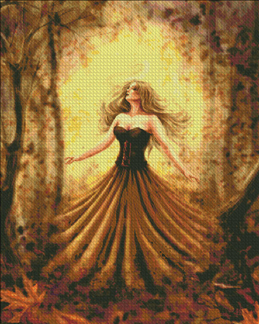 A maiden spins in a golden autumn forest. Cross stitch mockup, art by Tiffany Toland Scott