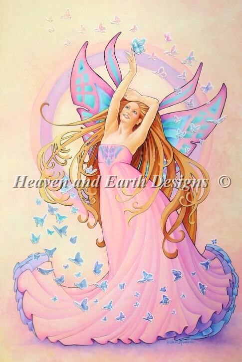 Butterfly Fairy artwork by Teri Rosario of pink clad blond fairy with butterflies