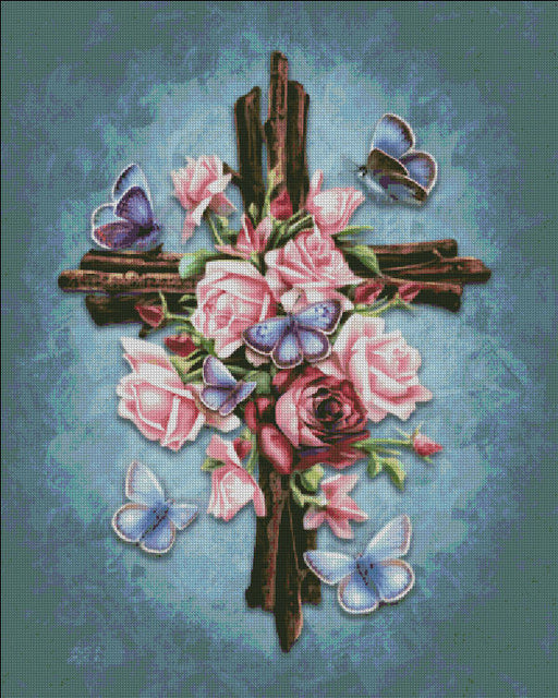 Butterfly Rose Cross design by Brigid Ashwood. Cross stitch pattern, finished design is a wooden cross formed of branches decorated in pink rose flowers. Blue butterflies fly around and the backdrop is shades of indigo
