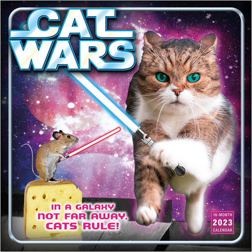 Cat Wars 2023 wall calendar showing a green eyed cat with a blue lightsaber and a mouse with a red light saber