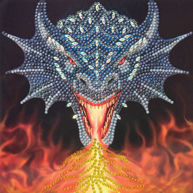 Crystal Art kit makes this jeweled dragon head breathing fire on a greeting card!