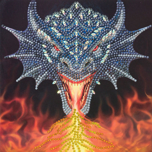 Crystal Art kit makes this jeweled dragon head breathing fire on a greeting card!