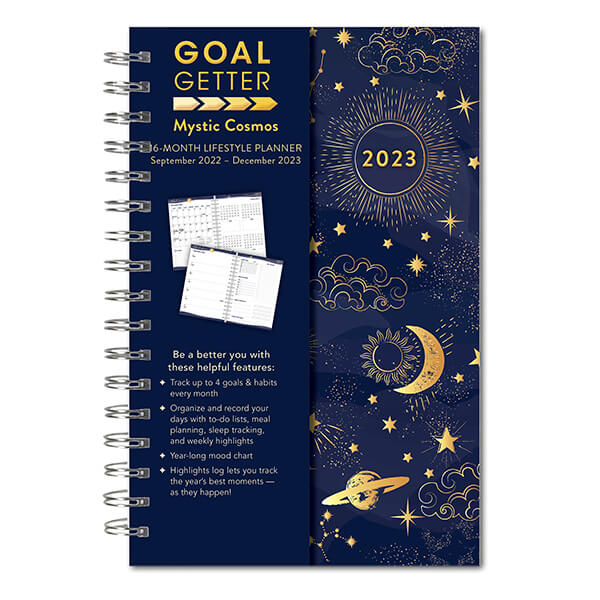 Goal Getter Mystic Cosmos weekly planner with celestial theme in gold on navy blue