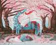 Cherry Blossom Breezes by Carla Morrow, showing an orange and white koi dragon lounging in a pond under cherry trees with blossoms floating through the air