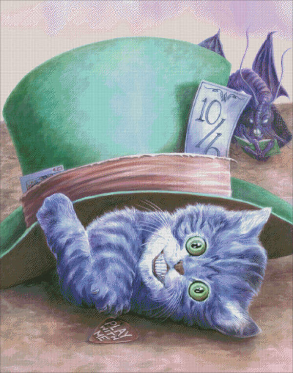 Cross stitch mockup of Cheshire Cat as a kitten under the green Mad Hatter tophat