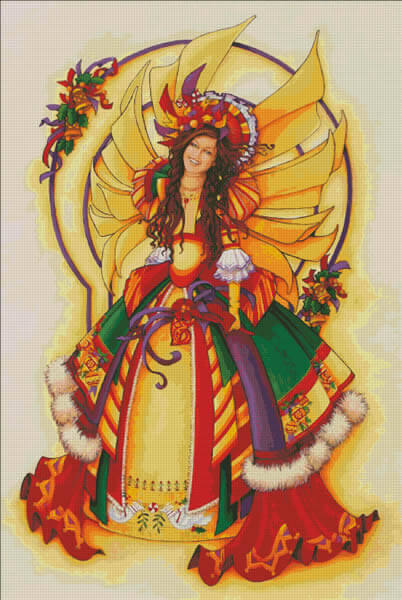 Christmas Faery cross stitch mockup with a pixie in gold, green, and red with golden wings. Adorned with bells and ribbons.