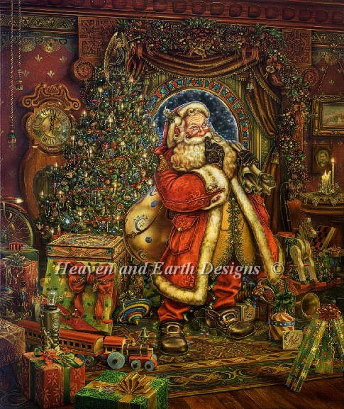 Art by Myles Pinkney - The scene unveiled shows off Santa in ithe midst of his holiday deliveries. With a finger to his lips and a bag full of goodies, Saint Nick readies himself to leave this well-decorated home and venture onwards to the next!