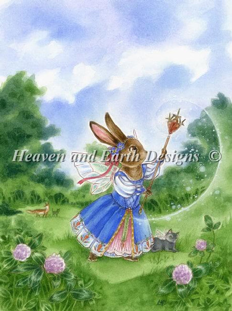 The fairy rabbit comes to life on this cross stitch. She carries a wand and wears a blue dress, and she brings magic to the meadow. A cheerful, springy image! Art by Meredith Dillman