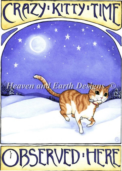 Art by Meredith Dillman - "Crazy Kitty Time Observed Here" it reads, and in the center is an image of an orange and white tabby dashing across the snow, mousey toy in mouth. 