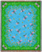 Tapestry throw blanket with purple winged dragonflies over a blue pond with green border
