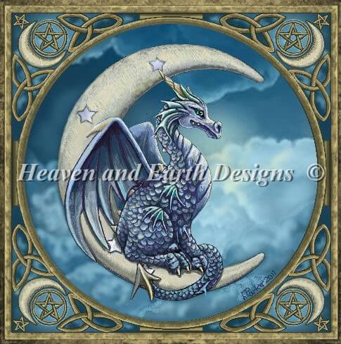 artist Lisa Parker. The dragon has blue scales and wings, and perches upon a crescent moon adorned with stars. Around the mythical beast is a celestial themed border of Celtic knotwork with more moons. 