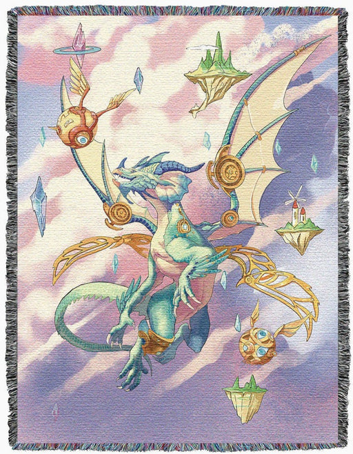 Blue steampunk dragon hovering in a sky full of islands, crystals, and orbs on this tapestry blanket