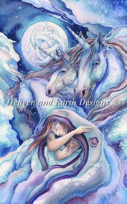 The image features a trio of gorgeous unicorns in front of a full moon, decorated with a horseshoe Celtic knot pattern. In the foreground, the dreamer slumbers on, wrapped in clouds. 