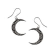 Crescent moon dangle earrings with pagan symbols like pentacles in silver upon black