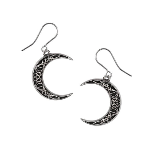 Crescent moon dangle earrings with pagan symbols like pentacles in silver upon black