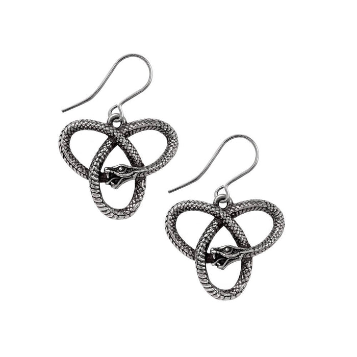 Pair of pewter snake earrings, serpents are eating their tails in a Celtic triple knot design