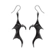 A pair of earrings with dangling black metal dragon wings