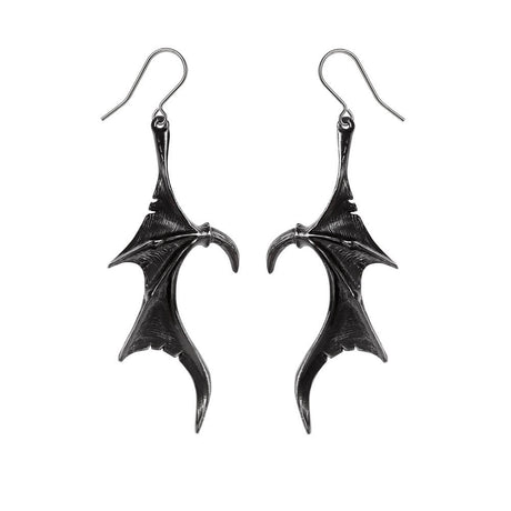 A pair of earrings with dangling black metal dragon wings