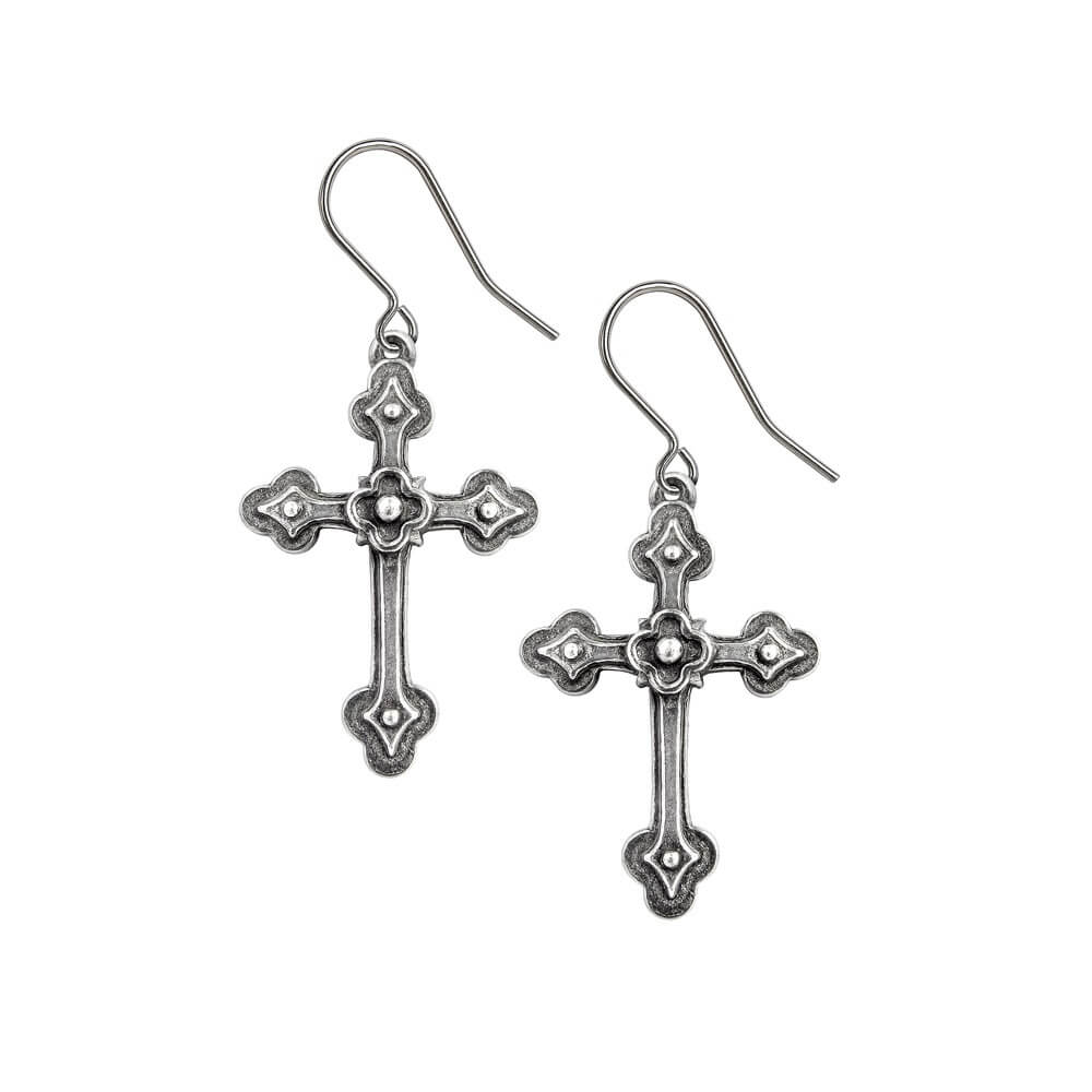 Earrings featuring the Apostle's Cross symbol, ornate gothic crosses.